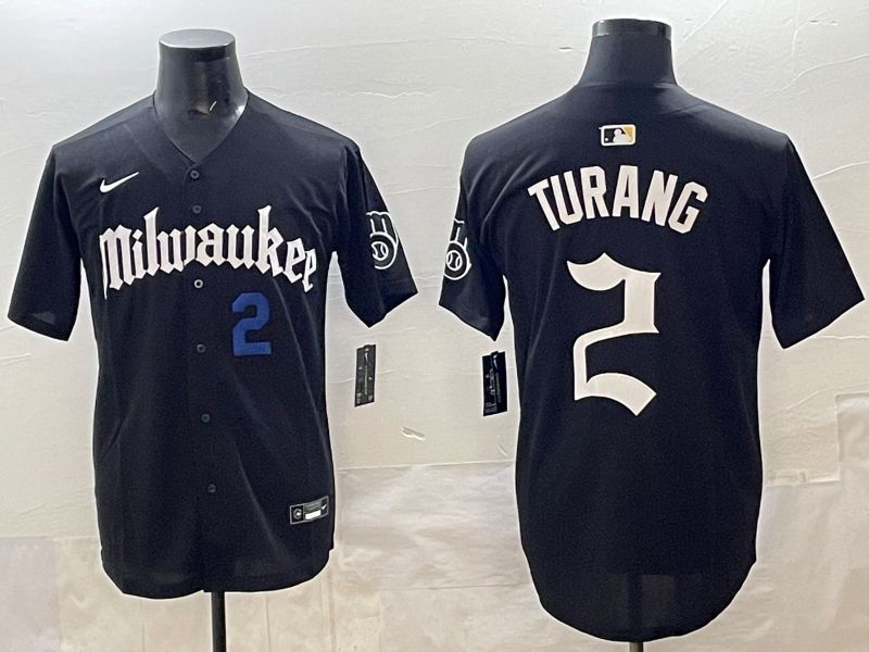Men 2025 Milwaukee Brewers #2 Turang Black Five generations Joint Name Nike MLB Jersey style 6